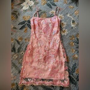 Pink Embroidered Slip Dress - Elegant Floral Lace